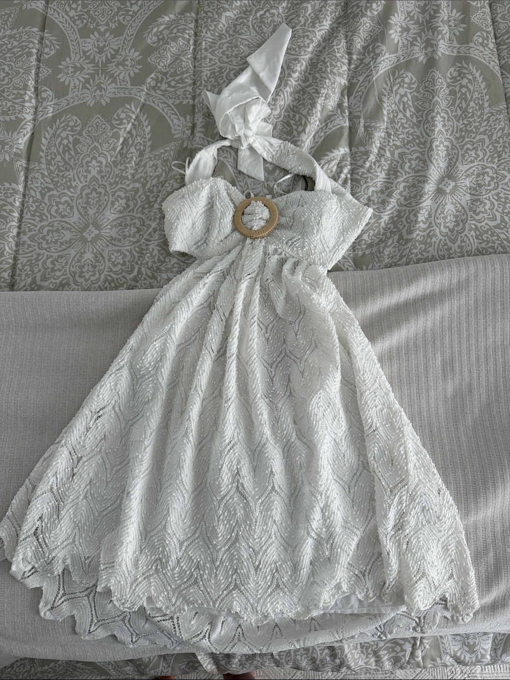 Mustard Seed White Beaded Halter Dress with Decorative Ring